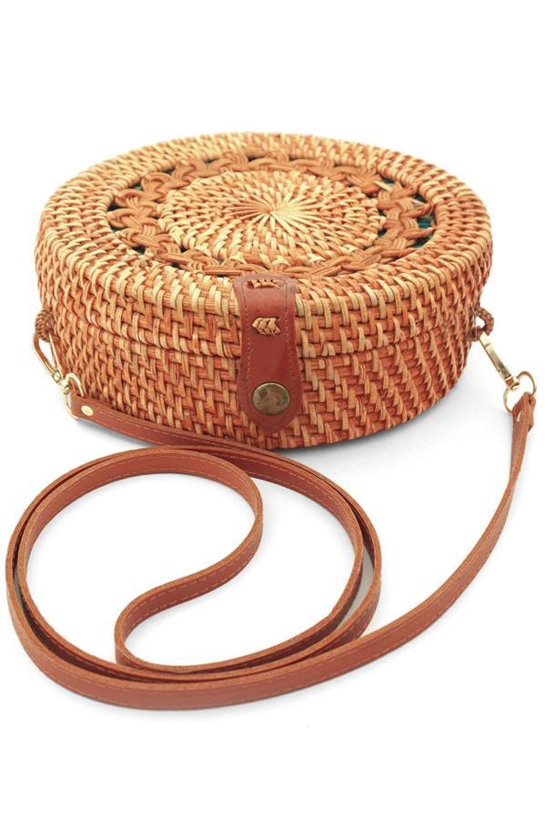 El Yapımı Hasır Rattan Desenli Yuvarlak Kutu Çanta - Image 1