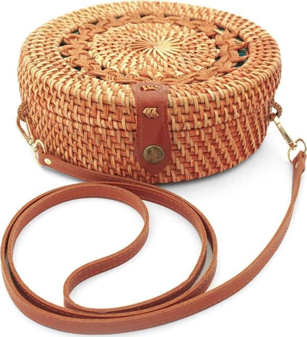 El Yapımı Hasır Rattan Desenli Yuvarlak Kutu Çanta - Image 1