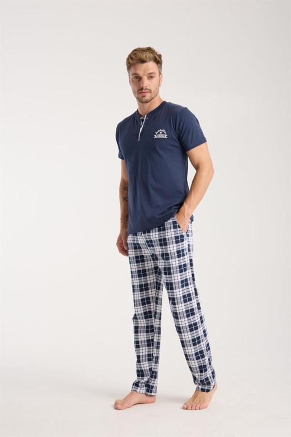 Celira Erkek Lacivert Düğmeli Yaka Kısa Kol Pijama Takımı - Image 1