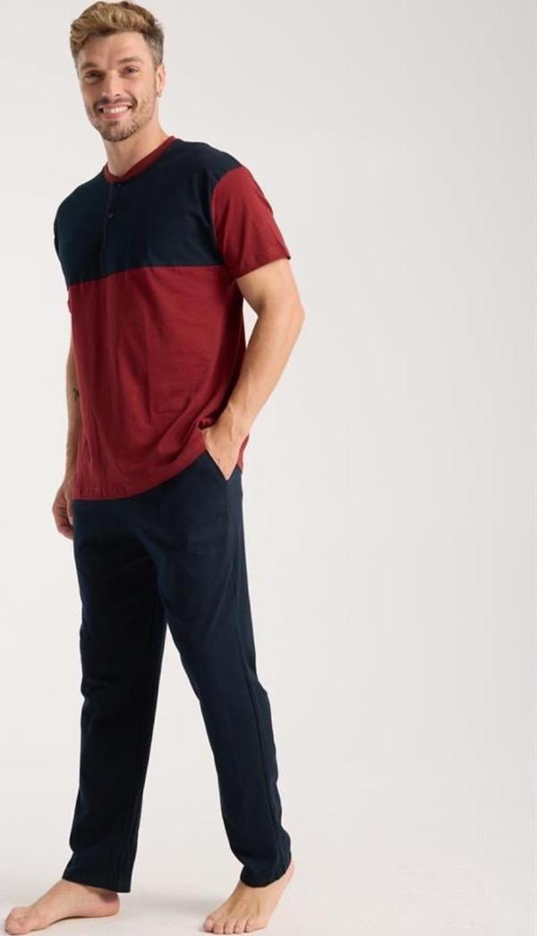 Celira Erkek Bordo Düğmeli Yaka Kısa Kol Pijama Takımı - Image 1