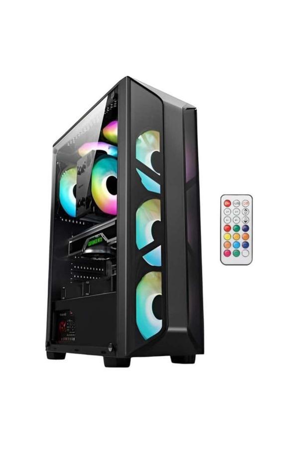 AZT101-B TEMPERLI CAM SIYAH U.KUMANDALI+5xRGB FAN+SWITCH AKVARYUM GAMING KASA - Image 1