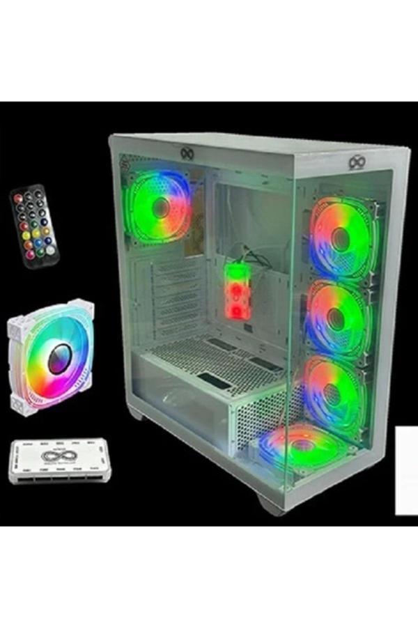 AZT201-W TEMPERLI CAM Beyaz U.KUMANDALI+5xRGB FAN+SWITCH AKVARYUM GAMING KASA - Image 1