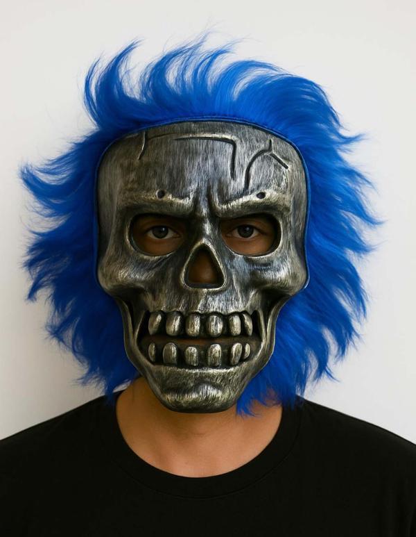 Wild Skull - Gümüş Kafatası Mavi Saçlı İskelet Maske - Image 1