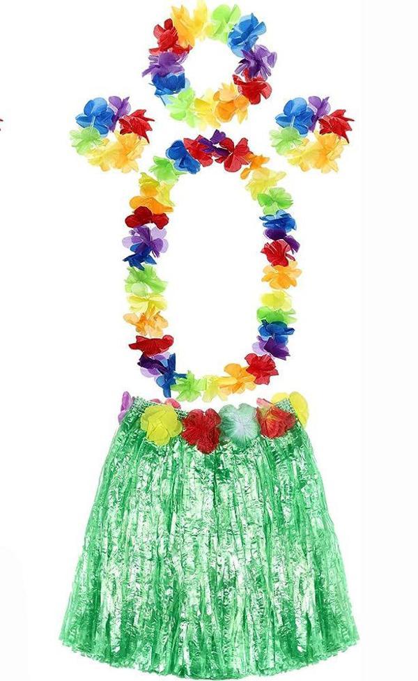 YETIŞKIN VE ÇOCUK UYUMLU LUAU ALOHA HAWAII YEŞIL ETEK VE RENKLI KOLYE TAÇ 2 ADET BILEKLIK SETI - Image 1