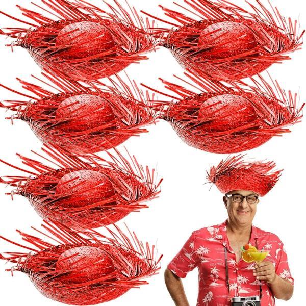 Tropikal Parti Kırmızı Hasır Hawaii Şapkası - Image 1