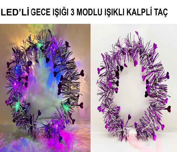 Kalp Püsküllü 3 Modlu LED Işıklı Taç Mor Renk - Image 1