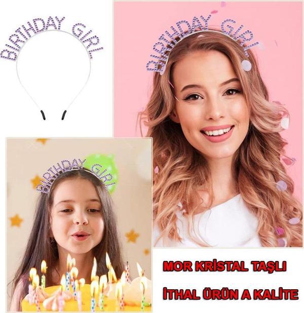 Mor Renk Kristal Taşlı Parlak Birthday Girl Yazılı Taç - Image 1