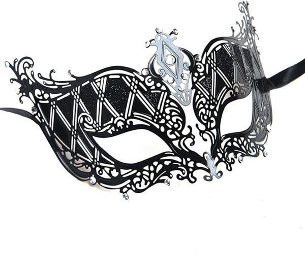 Kristal Gümüş Taşlı Siyah Lazer Kesim Metal Lüks Maske - Image 1