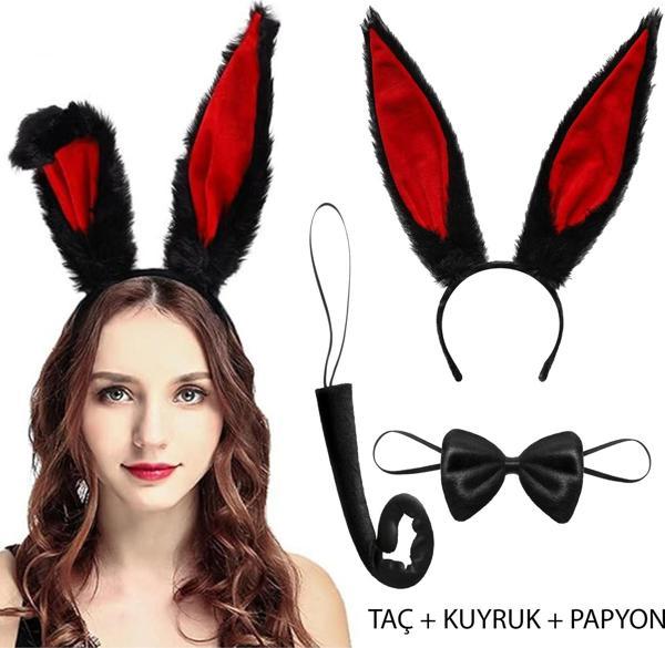 Siyah Kırmızı Peluş Tavşan Kulak Seti Yetişkin Boy - Image 1