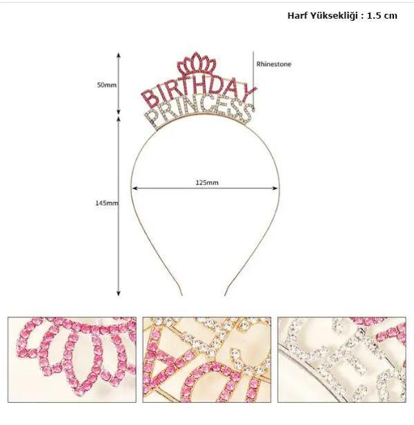 Kristal Taşlı Birthday Princess Yazılı Parti Tacı Pembe Renk - Image 1