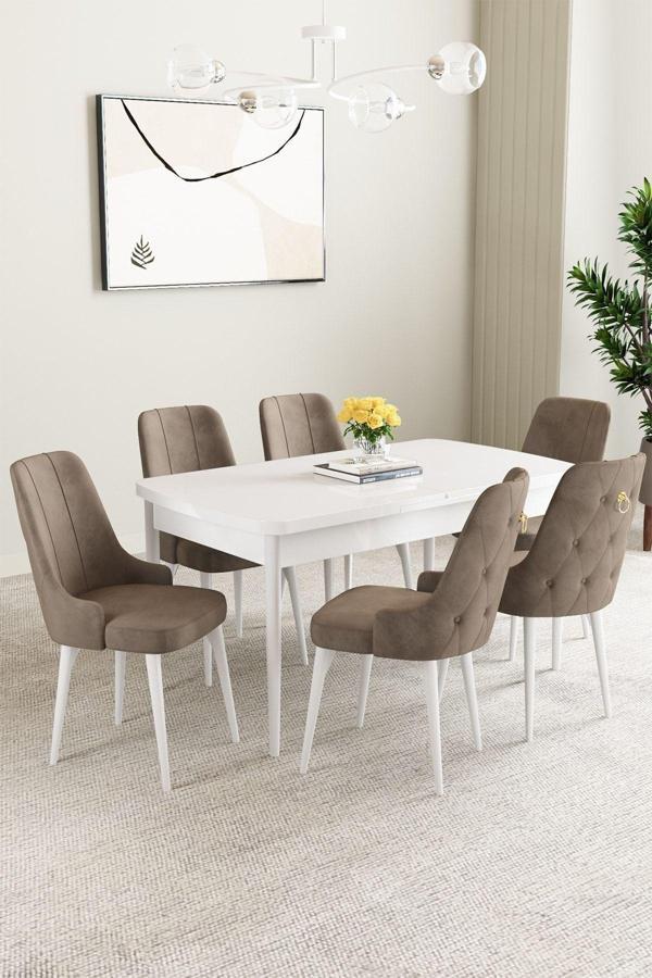 Clara Beyaz 80x132 Açılabilir Mdf Masa Yemek Odası Takımı,Mutfak Takımı 6 Adet Sandalye - Image 1