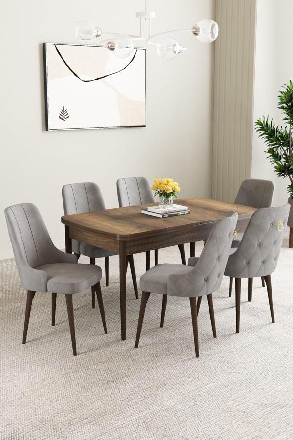 Mabel Barok Desen 80x132 Açılabilir Mdf Masa Yemek Odası Takımı, Mutfak Takımı 6 Adet Sandalye - Image 1