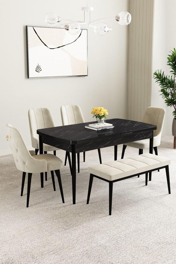 Mabel Siyah Mermer Desen 80x132 Açılabilir Mdf Masa Yemek Odası Takımı, Mutfak Takımı 4 Sandalye, 1  - Image 1