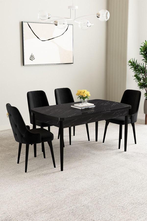 Mabel Siyah Mermer Desen 80x132 Açılabilir Mdf Masa Yemek Odası Takımı, Mutfak Takımı 4 Adet Sandaly - Image 1