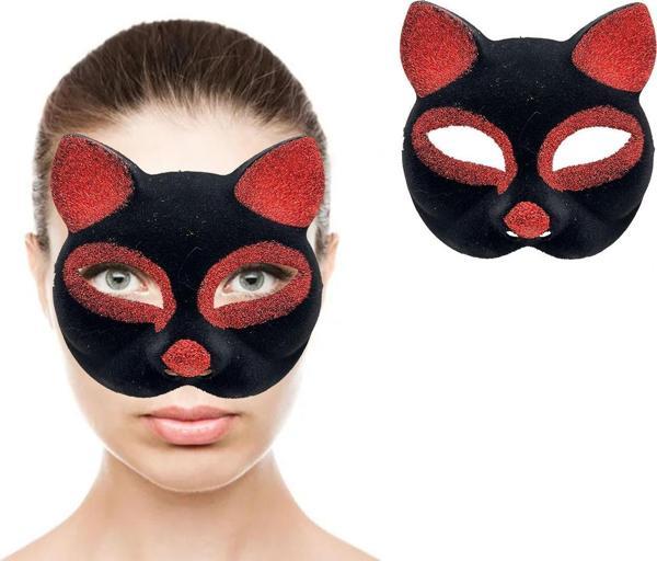Siyah Kırmızı Simli Süet Kedi Maskesi - Image 1