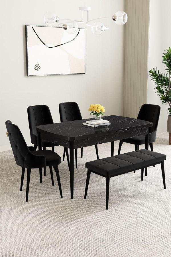 Clara Siyah Mermer 80x132 Açılabilir Mdf Masa Yemek Odası Takımı,Mutfak Takımı 4 Sandalye 1 Bench - Image 1