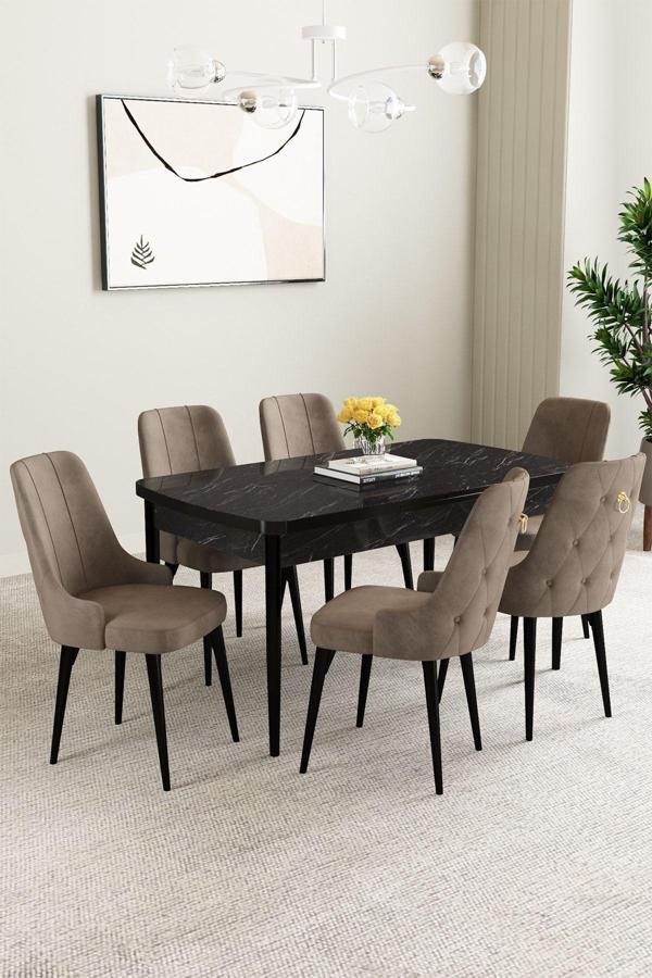 Mabel Siyah Mermer Desen 80x132 Açılabilir Mdf Masa Yemek Odası Takımı, Mutfak Takımı 6 Adet Sandaly - Image 1