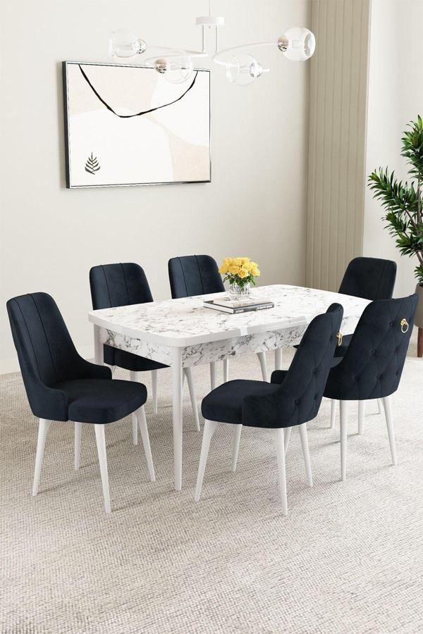 Mabel Beyaz Mermer Desen 80x132 Açılabilir Mdf Masa Yemek Odası Takımı,Mutfak Takımı 6 Adet Sandalye - Image 1