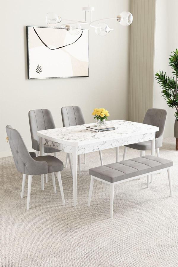 Mabel Beyaz Mermer 80x132 Açılabilir Mdf Masa Yemek Odası Takımı,Mutfak Takımı 4 Sandalye, 1 Bench - Image 1