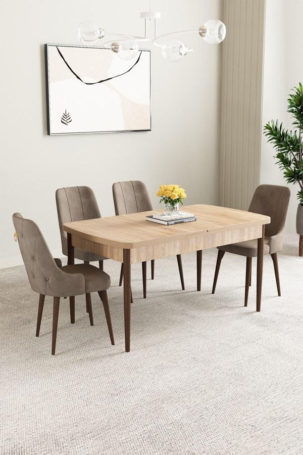 Mabel Meşe Desen 80x132 Açılabilir Mdf Masa Yemek Odası Takımı, Mutfak Takımı 4 Adet Sandalye - Image 1