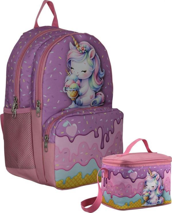 Cennec Dondurma Yiyen Unicorn Desenli Kız Çocuk Mor Pembe İkili Çanta ve Beslenme Seti - SETUMT5003B - Image 1