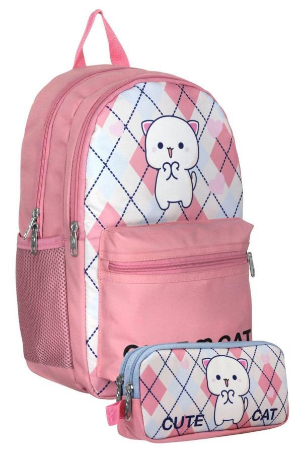 Cennec UMT5024+UMT5026 Sırt Çantası ve Kalemlik Seti (Beyaz Pembe - Love Cute Cat - Kız Çocuk) - Image 1