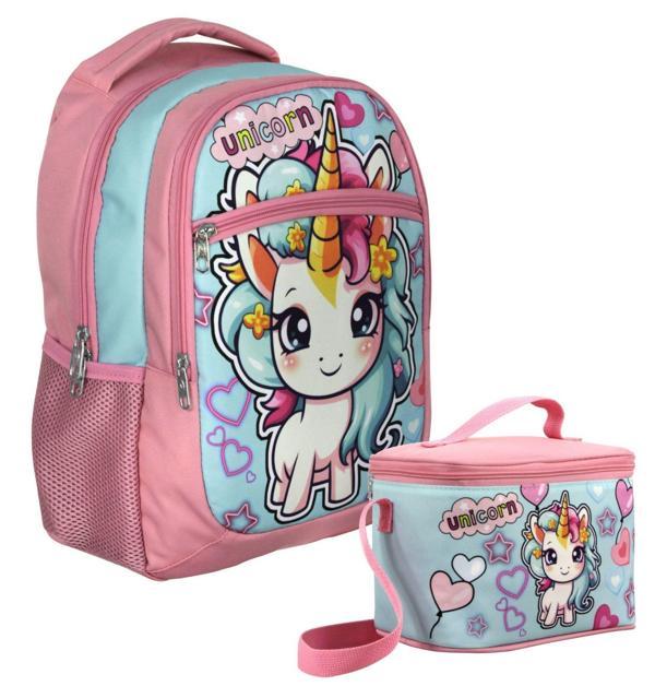 Cennec Bebek Unicorn Desenli Kız Çocuk Pembe Turkuaz İkili Çanta ve Beslenme Seti - SETUMT5048B - Image 1