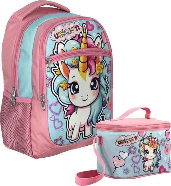 Cennec Bebek Unicorn Desenli Kız Çocuk Pembe Turkuaz İkili Çanta ve Beslenme Seti - SETUMT5048B - Image 1