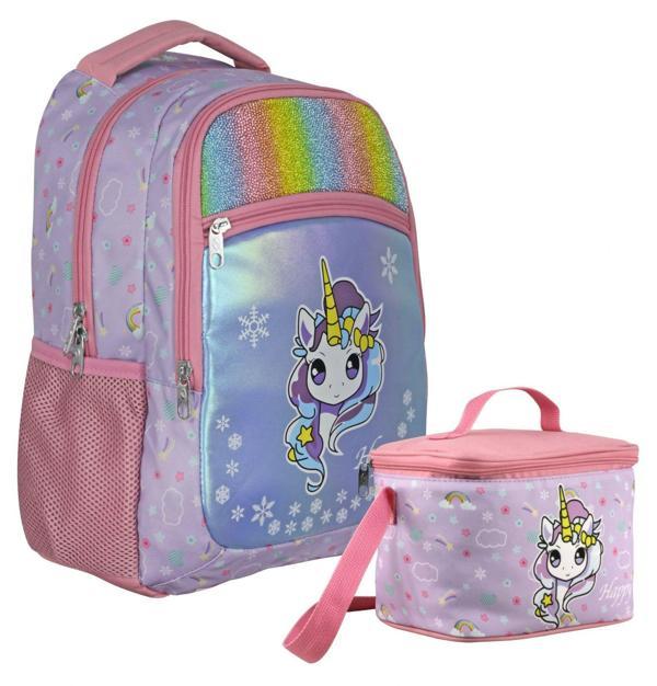 Cennec Gökkuşağı Unicorn Desenli Kız Çocuk Turkuaz Pembe İkili Çanta ve Beslenme Seti - SETUMT5015B - Image 1