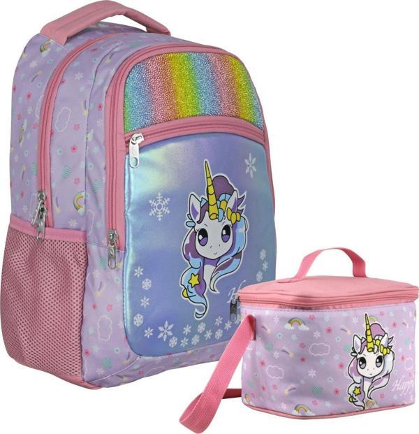 Cennec Gökkuşağı Unicorn Desenli Kız Çocuk Turkuaz Pembe İkili Çanta ve Beslenme Seti - SETUMT5015B - Image 1