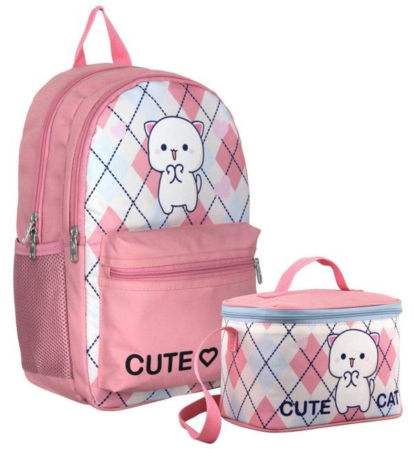 Cennec Love Cute Cat Desenli Kız Çocuk Beyaz Pembe İkili Çanta ve Beslenme Seti - SETUMT5024B - Image 1