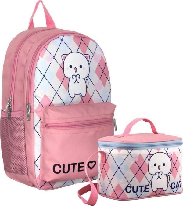 Cennec Love Cute Cat Desenli Kız Çocuk Beyaz Pembe İkili Çanta ve Beslenme Seti - SETUMT5024B - Image 1