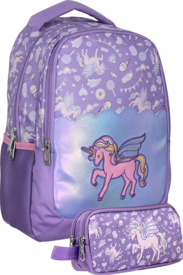 Cennec UMT5027+UMT5029 Sırt Çantası ve Kalemlik Seti (Lila - Nakışlı Unicorn Pegasus - Kız Çocuk) - Image 1