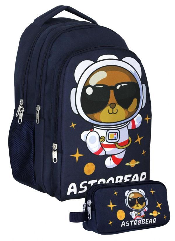 Cennec Lacivert Beyaz Astronot Ayıcık Baskılı Erkek Çocuk Çanta Seti (Sırt Çantası+Kalemlik) - SETUMT5045C - Image 1