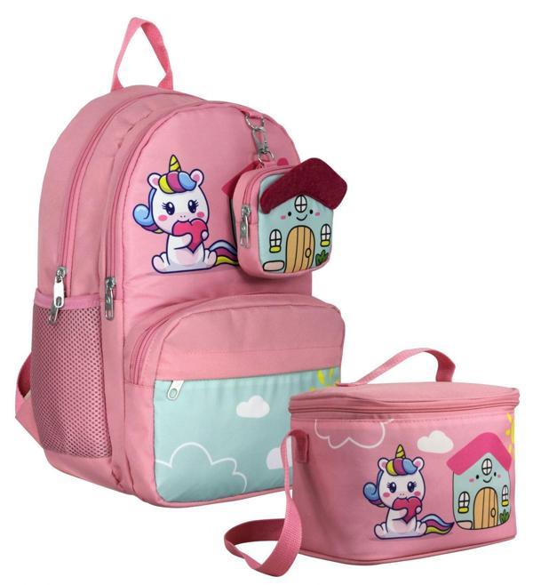 Cennec Unicorn Desenli Kız Çocuk Pembe Yeşil İkili Çanta ve Beslenme Seti - SETUMT5051B - Image 1