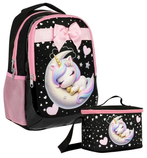 Cennec Uykucu Unicorn Desenli Kız Çocuk Siyah Pembe İkili Çanta ve Beslenme Seti - SETUMT5060B - Image 1