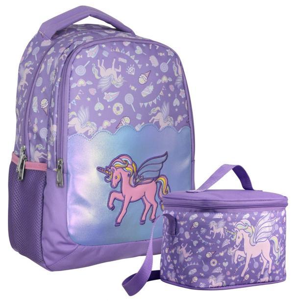 Cennec Nakışlı Unicorn Pegasus Desenli Kız Çocuk Lila İkili Çanta ve Beslenme Seti - SETUMT5027B - Image 1
