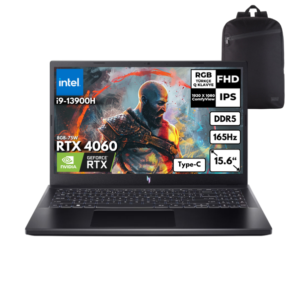 Acer Nitro ANV15-51 I9-13900H 32-GBDDR5 4 TBSSD RTX 4060 (8GB-75W) 15.6" FHD 165Hz Freedos + HMF Sırt Çantası NH.QQEEY.007HMF12 - Image 1