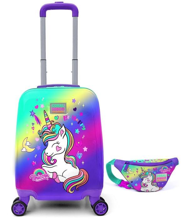 Coral High Kız Çocuk Yeşil Mor Unicorn Valiz ve Bel Çantası Seyahat Seti 16701 - Image 1
