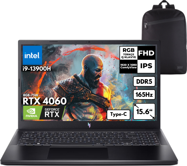 Acer Nitro ANV15-51 I9-13900H 40-GBDDR5 1 TBSSD RTX 4060 (8GB-75W) 15.6" FHD 165Hz Freedos + HMF Sırt Çantası NH.QQEEY.007HMF5 - Image 1