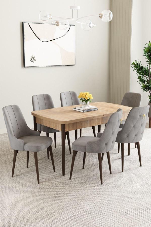 Mabel Meşe Desen 80x132 Açılabilir Mdf Masa Yemek Odası Takımı, Mutfak Takımı 6 Adet Sandalye - Image 1