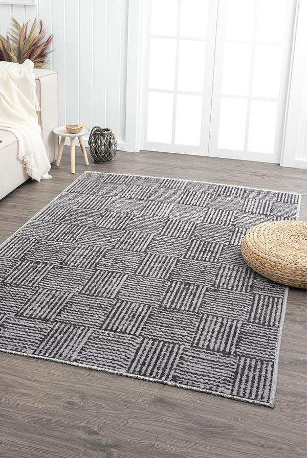 Ares Gri Antrasit Halı Yıkanabilir Kaymaz Taban Şönil Kilim Dokuma Pamuk Taban Kilim NV01 - Image 1