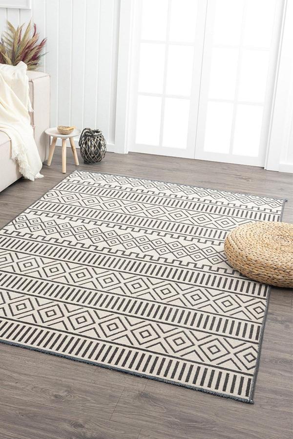 Ares Antrasit Krem Halı Yıkanabilir Kaymaz Taban Şönil Kilim Dokuma Pamuk Taban Kilim NV12 - Image 1