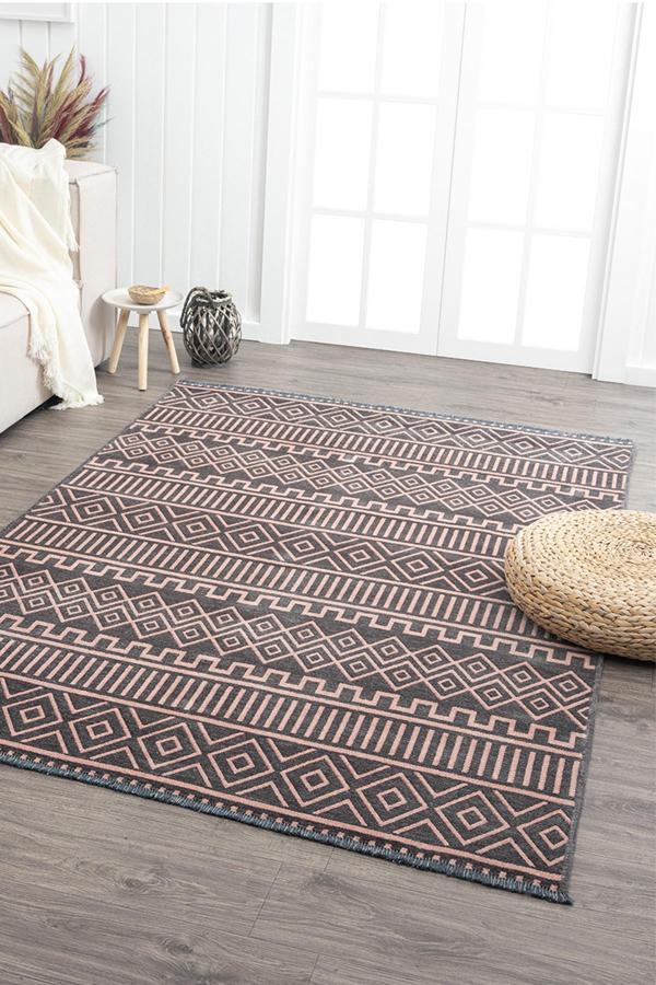 Ares Antrasit Pembe Halı Yıkanabilir Kaymaz Taban Şönil Kilim Dokuma Pamuk Taban Kilim NV13 - Image 1