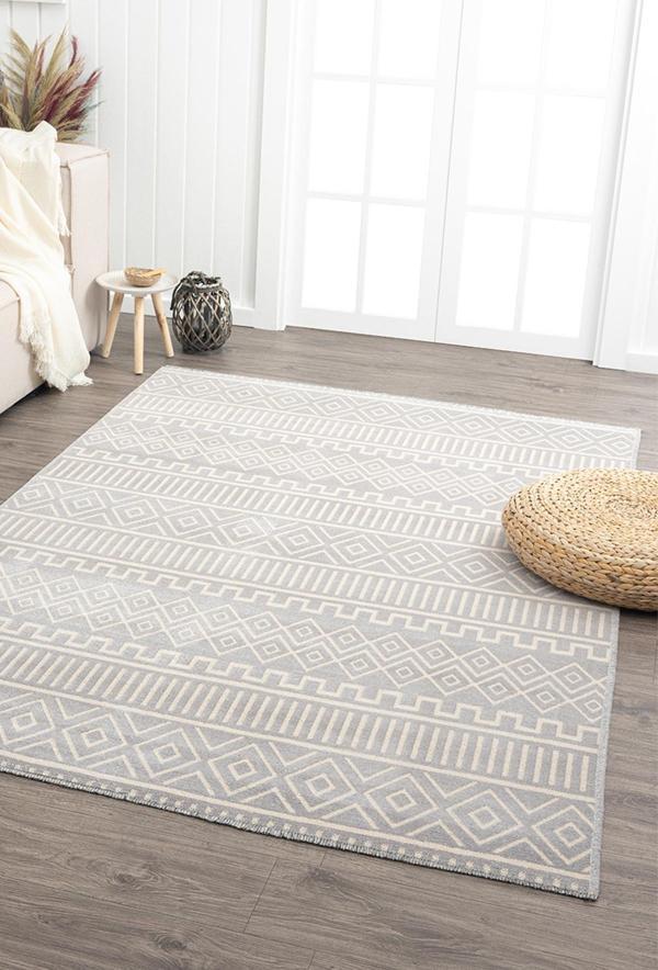 Ares Gri Krem Halı Yıkanabilir Kaymaz Taban Şönil Kilim Dokuma Pamuk Taban Kilim NV14 - Image 1