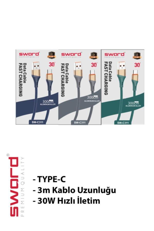 Sword 3 Metre Type-C Hızlı Şarj Ve Data Kablosu - Image 1