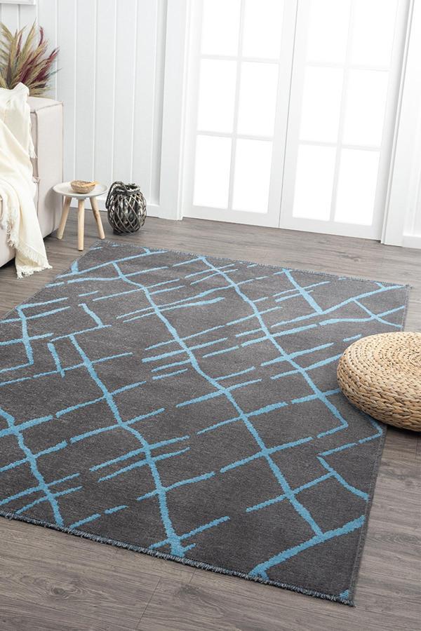 Ares Antrasit Mavi Halı Yıkanabilir Kaymaz Taban Şönil Kilim Dokuma Pamuk Taban Kilim NV26 - Image 1