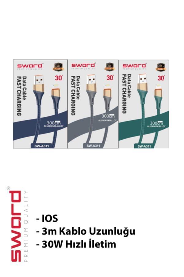 Sword 3 Metre Apple Iphone Hızlı Şarj Ve Data Kablosu - Image 1