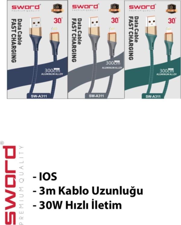 Sword 3 Metre Apple Iphone Hızlı Şarj Ve Data Kablosu - Image 1