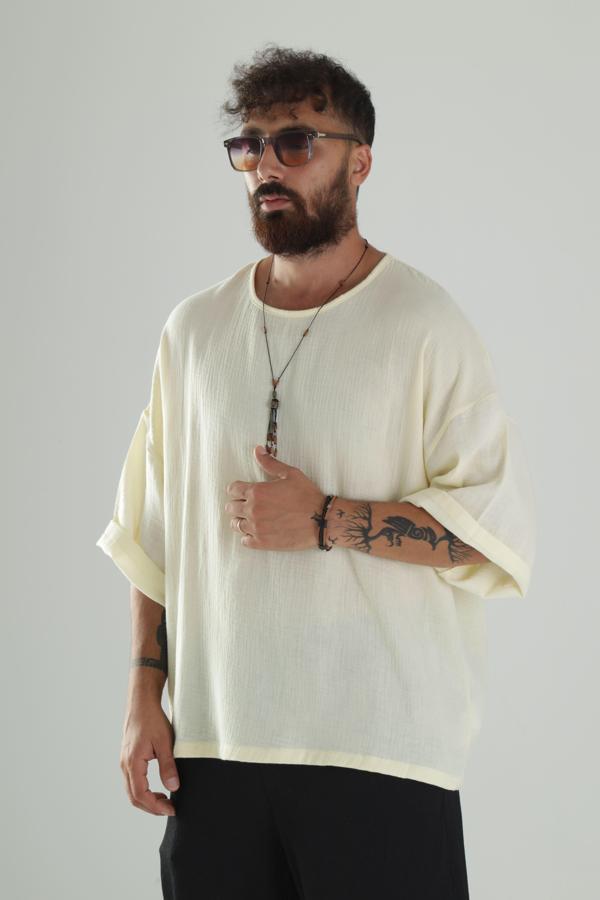 Sarı Müslin Kumaş Oversize Fakir Kol T-Shirt - Image 1
